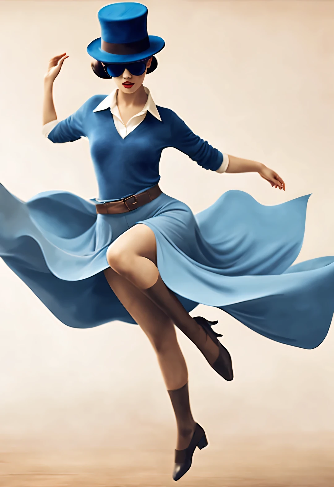 (Modern art dance simple poster design), (Half-length close-up), (Beautiful Chinese girl dancing in the air), (Wear modern fashionable winter fashion: 0.8), (Wearing big sunglasses and top hat: 1.2), Harmonious combination of classic and modern, An elegant combination of dark blue and brown，Highlight the retro charm without losing fashion sense. sweater and jeans, and high-end silk scarves and jackets, Exudes elegance, Girl fair and flawless smooth skin, high nose bridge, Head up posture, sad yet beautiful, slender figure, Exquisite facial features,
swirling fog illustration, ink painting, black hair, a ball head, Proud, Surrealism, contemporary art photography, action painting illustration, abstract expressionism, Pixar, depth of field, motion blur, backlight, Fall out, decline, Elevation viewing angle, Sony FE General Manager, ultra high definition, masterpiece, Accuracy, textured skin, Super details, high detail, high quality, Award-winning, best quality, Level, 16k, Shot from a bottom-up perspective,