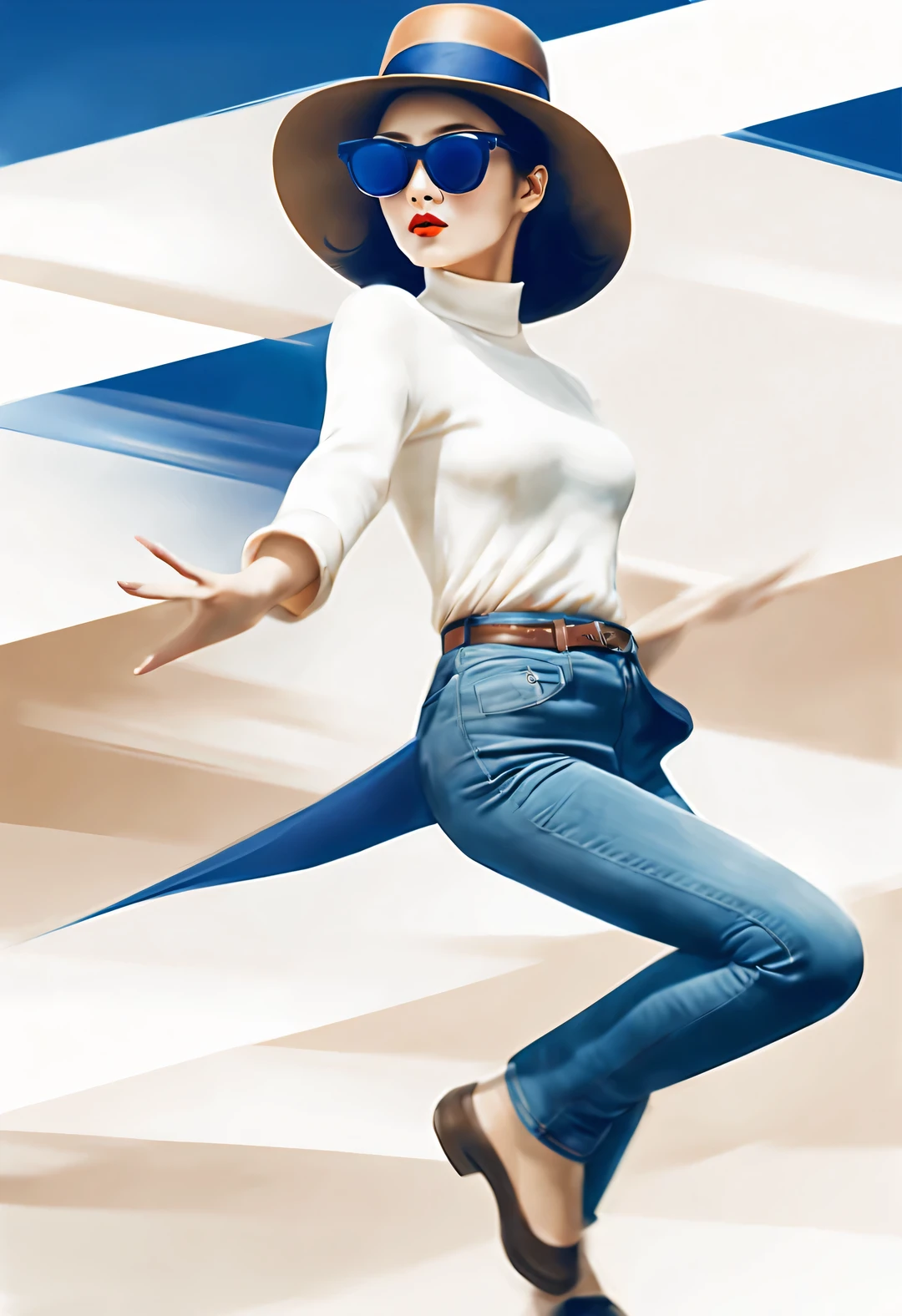 (Modern art dance simple poster design), (Half-length close-up), (Beautiful Chinese girl dancing in the air), (Wear modern fashionable winter fashion: 0.8), (Wearing big sunglasses and top hat: 1.2), Harmonious combination of classic and modern, An elegant combination of dark blue and brown，Highlight the retro charm without losing fashion sense. sweater and jeans, and high-end silk scarves and jackets, Exudes elegance, Girl fair and flawless smooth skin, high nose bridge, Head up posture, sad yet beautiful, slender figure, Exquisite facial features,
swirling fog illustration, ink painting, black hair, a ball head, Proud, Surrealism, contemporary art photography, action painting illustration, abstract expressionism, Pixar, depth of field, motion blur, backlight, Fall out, decline, Elevation viewing angle, Sony FE General Manager, ultra high definition, masterpiece, Accuracy, textured skin, Super details, high detail, high quality, Award-winning, best quality, Level, 16k, Shot from a bottom-up perspective,