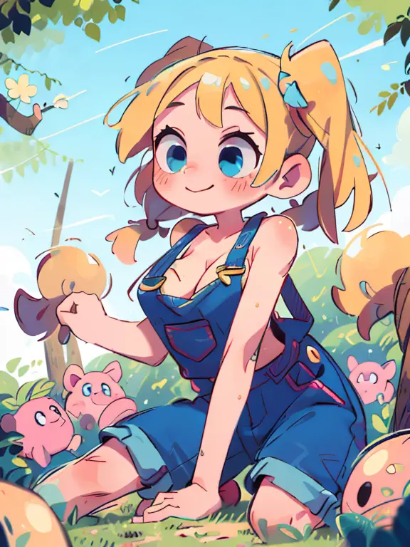 masterpiece, beautiful, 4k, detailed, intricate details, child, loli, overalls, jean overalls, cuffed overalls, blonde hair, lon...
