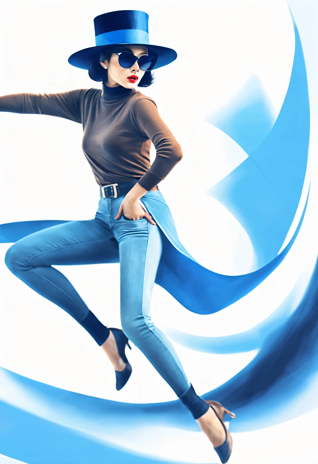 (Modern art dance simple poster design), (Half-length close-up), (Beautiful Chinese girl kissing big luxury leather bag,), (（Wearing sunglasses and braided hairstyle：1.2）), Characterized by exquisite details and layering, The pastel tones of a light blue jacket and an off-white floral sweater blend together, Black and white plaid pants also have a sharp contrast,， Wear modern and stylish winter fashion, slim waist, high nose bridge, look up姿势, sad but beautiful, slender figure, Exquisite facial features, swirling fog illustration, ink painting, black hair,Proudly, Surrealism, contemporary art photography, action illustration, abstract expressionism, Pixar, depth of field, motion blur, backlight, Fall out, decline, look up, Sony FE General Manager, ultra high definition, masterpiece, Accuracy, textured skin, Super details, high detail, high quality, Award-winning, best quality, grade, 16k, Photographed from a bottom-up angle,