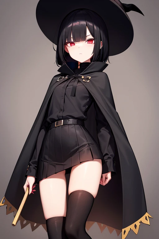 long black cloak　girl　Her hair is a black bob cut and her eyes are fiery red.　black mini skirt　knee high socks　　big black hat with a fashionable black ribbon