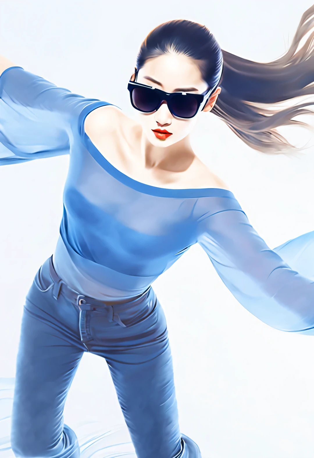 (Modern art dance poster design), (Half-length close-up), (Beautiful Chinese girl dancing in the air), (Wear modern fashionable winter fashion: 0.8), (Wearing large sunglasses: 1.2), Harmonious combination of classic and modern, An elegant combination of dark blue and brown，Highlight the retro charm without losing fashion sense. sweater, jeans, scarf, coat, Girl fair and flawless smooth skin, high nose bridge, and the posture of raising one’s head, sadness and beauty, slender figure, Exquisite facial features, Swirling mist, Noble temperament, illustration, ink painting, black hair, meatball head, messy, Proud, Surrealism, contemporary art photography, action painting illustration, abstract expressionism, Pixar, depth of field, motion blur, backlight, Falling shadows, gradually blurred, Elevation viewing angle, Sony FE General Manager, ultra high definition, masterpiece, Accuracy, textured skin, Super details, high detail, high quality, Award-winning, best quality, Level, 16k, Photographed from a bottom-up perspective,