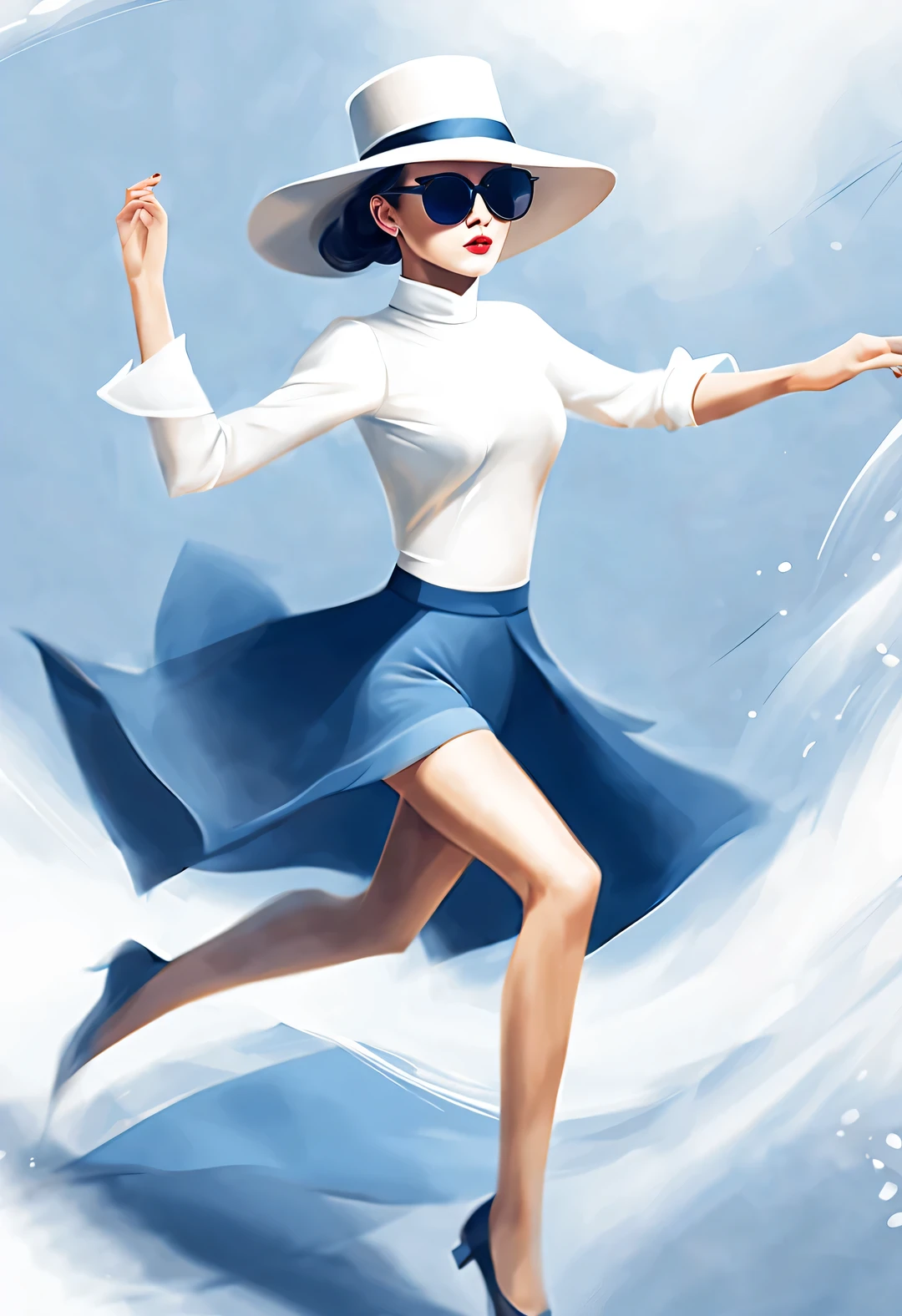 (Modern art dance poster design), (Half-length close-up), (Beautiful Chinese girl dancing in the air), (Wear modern fashionable winter fashion: 0.8), (Wearing big sunglasses and top hat: 1.2), Harmonious combination of classic and modern, An elegant combination of dark blue and brown，Highlight the retro charm without losing fashion sense. sweater, jeans, scarf, coat, Elegance, Girl fair and flawless smooth skin, high nose bridge, Head up posture, sad yet beautiful, slender figure, Exquisite facial features,
swirling fog illustration, ink painting, black hair, a ball head, Proud, Surrealism, contemporary art photography, action painting illustration, abstract expressionism, Pixar, depth of field, motion blur, backlight, Fall out, decline, Elevation viewing angle, Sony FE General Manager, ultra high definition, masterpiece, Accuracy, textured skin, Super details, high detail, high quality, Award-winning, best quality, Level, 16k, Shot from a bottom-up perspective,