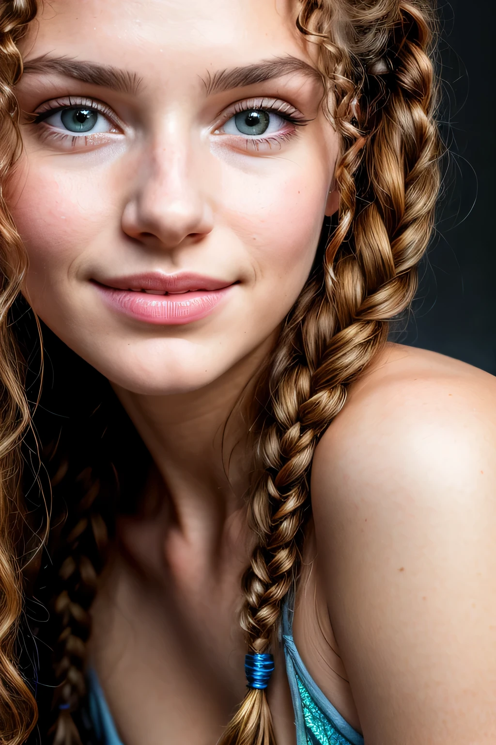 A close up of a woman with long hair and a blue dress - SeaArt AI