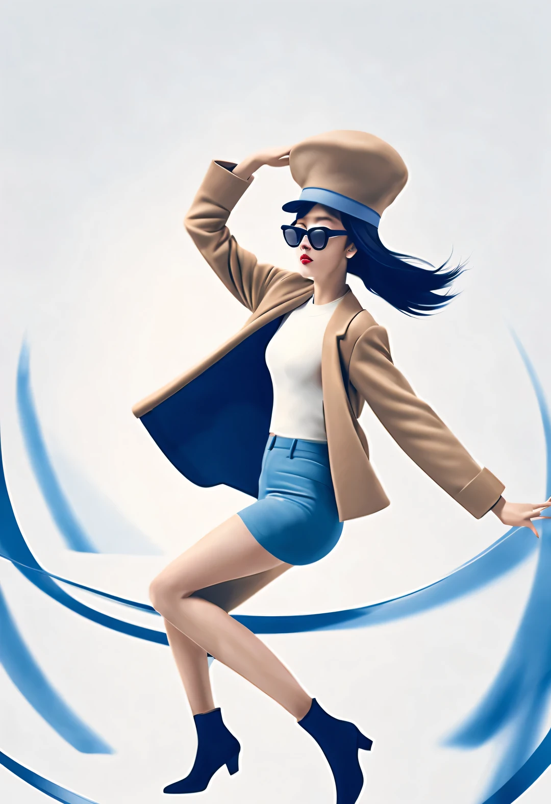 (Modern art dance simple poster design), (Half-length close-up), (Beautiful Chinese girl dancing in the air), (Wear modern fashionable winter fashion: 0.8), (Wearing big sunglasses and beret: 1.2), Harmonious combination of classic and modern, Camel coat with blue plaid shirt, Show elegant academic style, Presenting classic and fashionable European style,
Girl fair and flawless smooth skin, high nose bridge, Head up posture, sad yet beautiful, slender figure, Exquisite facial features, swirling fog illustration, ink painting, black hair, meatball head, Proud, Surrealism, contemporary art photography, action painting illustration, visual expressionism, Pixar, depth of field, motion blur, backlight, falling shadow, Gradient glow, Elevation viewing angle, Sony FE General Manager, ultra high definition, masterpiece, Accuracy, textured skin, Super details, high detail, high quality, Award-winning, best quality, Level, 16k, Shot from a bottom-up perspective,