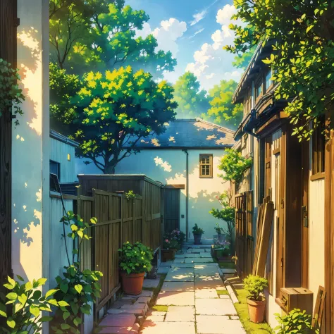 (a beautiful detailed door),(painting technique),(vibrant colors),(nostalgic atmosphere),(scenic view),(tree-lined pathway),(sun...