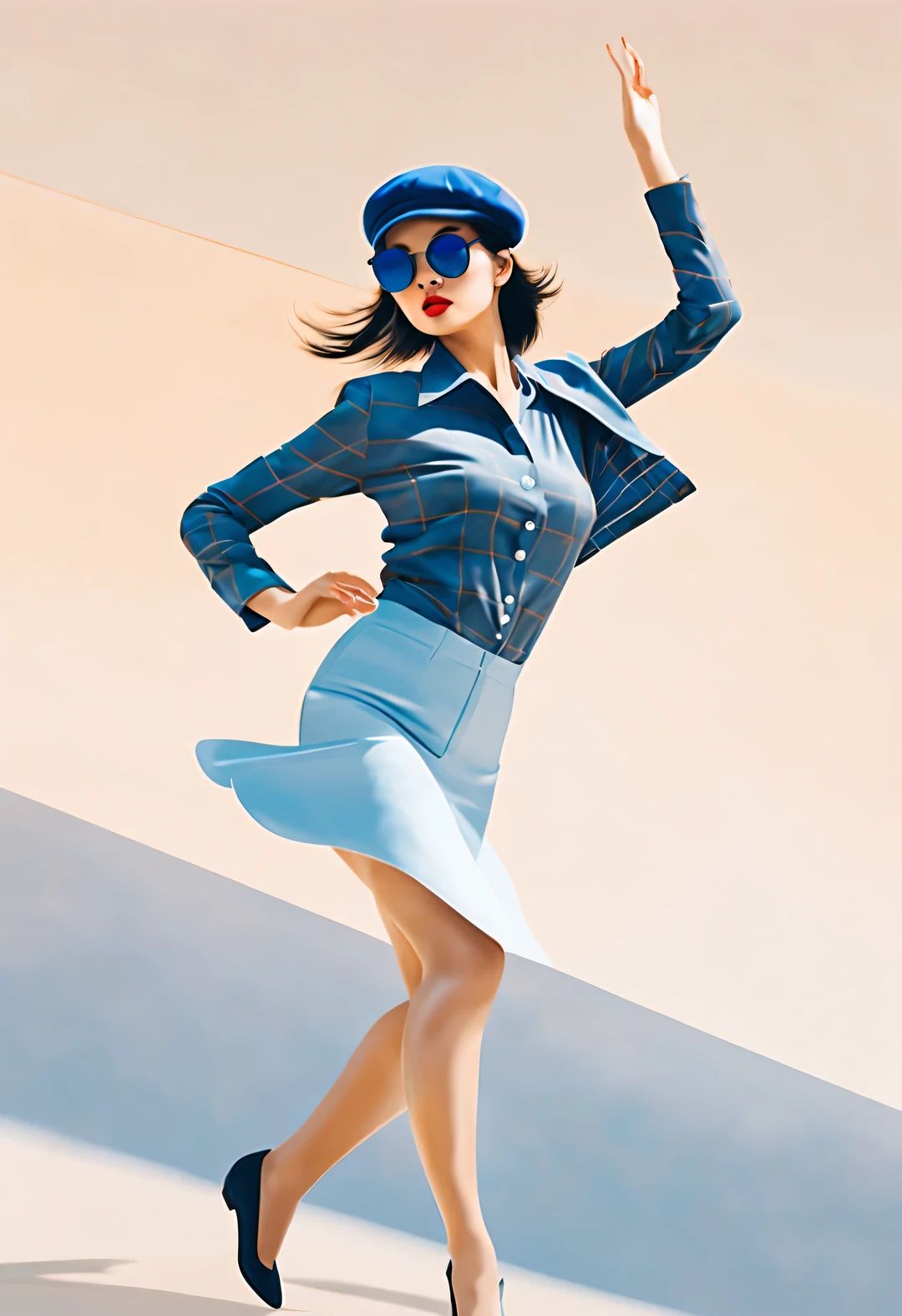 (Modern art dance simple poster design), (Half-length close-up), (Beautiful Chinese girl dancing in the air), (Wear modern fashionable winter fashion: 0.8), (Wear sunglasses and beret: 1.2), Camel coat with blue plaid shirt, Show academic elegance, Presenting classic and fashionable European style, Girl fair and flawless smooth skin, high nose bridge, Head up posture, sad yet beautiful, slim body, Exquisite facial features,
swirling fog illustration, ink painting, black hair, a ball head, Proud, Surrealism, contemporary art photography, action painting illustration, abstract expressionism, Pixar, depth of field, motion blur, backlight, Fall out, decline, Elevation viewing angle, Sony FE General Manager, ultra high definition, masterpiece, Accuracy, textured skin, Super details, high detail, high quality, Award-winning, best quality, Level, 16k, Shot from a bottom-up perspective,