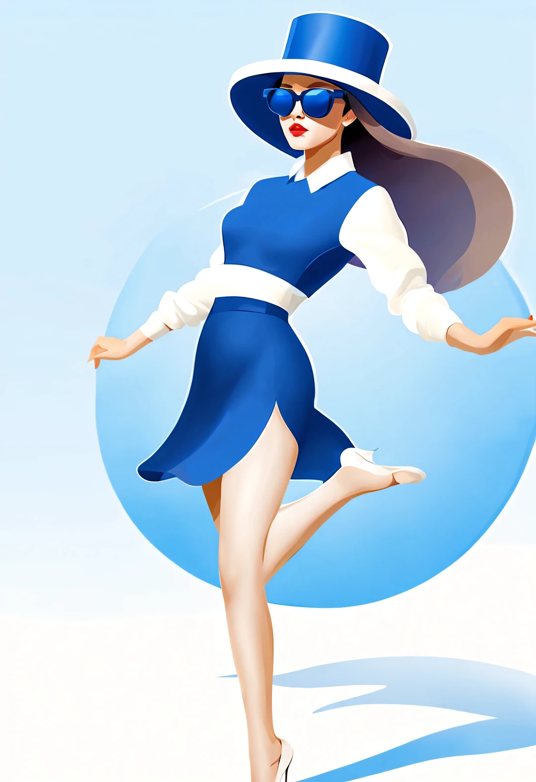 (Modern art dance simple poster design), (Half-length close-up), (Beautiful Chinese girl dancing in the air), (Wear modern fashionable winter fashion: 0.8), (Wearing big sunglasses and top hat: 1.2), Harmonious combination of classic and modern, An elegant combination of dark blue and brown，Highlight the retro charm without losing fashion sense. Sweaters and high-quality jackets, elegant scarf,
Girl fair and flawless smooth skin, high nose bridge, Head up posture, sad yet beautiful, slender figure, Exquisite facial features, swirling fog illustration, ink painting, black hair, meatball head, Proud, Surrealism, contemporary art photography, action painting illustration, visual expressionism, Pixar, depth of field, motion blur, backlight, falling shadow, Gradient glow, Elevation viewing angle, Sony FE General Manager, ultra high definition, masterpiece, Accuracy, textured skin, Super details, high detail, high quality, Award-winning, best quality, Level, 16k, Shot from a bottom-up perspective,