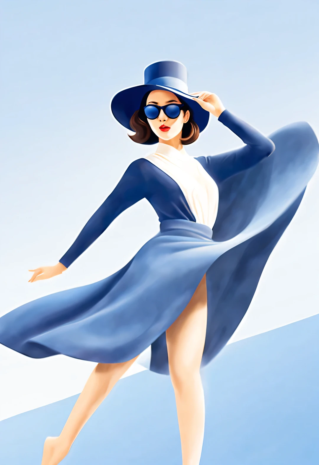 (Modern art dance simple poster design), (Half-length close-up), (Beautiful Chinese girl dancing in the air), (Wear modern fashionable winter fashion: 0.8), (Wearing big sunglasses and top hat: 1.2), Harmonious combination of classic and modern, An elegant combination of dark blue and brown，Highlight the retro charm without losing fashion sense. Sweaters and high-quality jackets, elegant scarf,
Girl fair and flawless smooth skin, high nose bridge, Head up posture, sad yet beautiful, slender figure, Exquisite facial features, swirling fog illustration, ink painting, black hair, meatball head, Proud, Surrealism, contemporary art photography, action painting illustration, visual expressionism, Pixar, depth of field, motion blur, backlight, falling shadow, Gradient glow, Elevation viewing angle, Sony FE General Manager, ultra high definition, masterpiece, Accuracy, textured skin, Super details, high detail, high quality, Award-winning, best quality, Level, 16k, Shot from a bottom-up perspective,