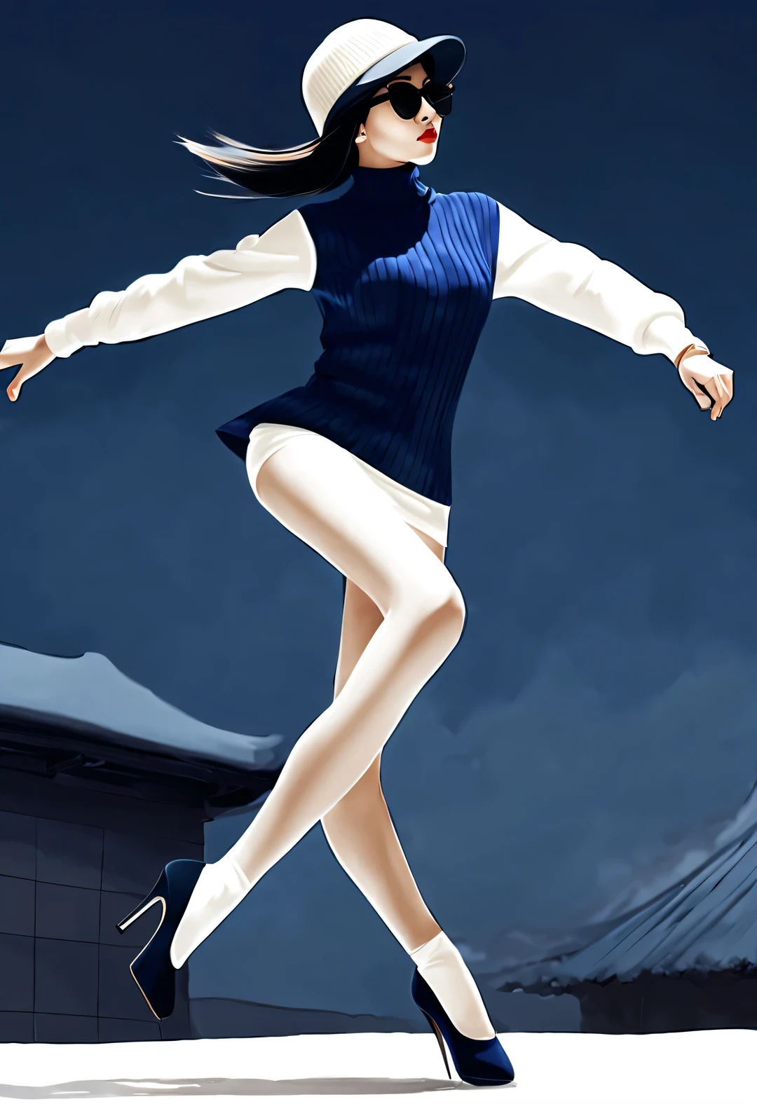 (Modern art dance simple poster design), (Half-length close-up), (Beautiful Chinese girl dancing in the air), (Wearing sunglasses and a hat: 1.2), Mainly cool colors，Presenting the beauty of simplicity and modernity, (An elegant dark blue coat paired with a bright white turtleneck，Exudes a fresh and cold winter atmosphere。), briefcase fluttering, Showing a classic and fashionable atmosphere. Wear modern and stylish winter fashion, Girl fair and flawless smooth skin, high nose bridge, Head up posture, sad yet beautiful, slender figure, Exquisite facial features,
swirling fog illustration, ink painting, black hair, a ball head, Proud, Surrealism, contemporary art photography, action painting illustration, abstract expressionism, Pixar, depth of field, motion blur, backlight, Fall out, decline, Elevation viewing angle, Sony FE General Manager, ultra high definition, masterpiece, Accuracy, textured skin, Super details, high detail, high quality, Award-winning, best quality, Level, 16k, Shot from a bottom-up perspective,