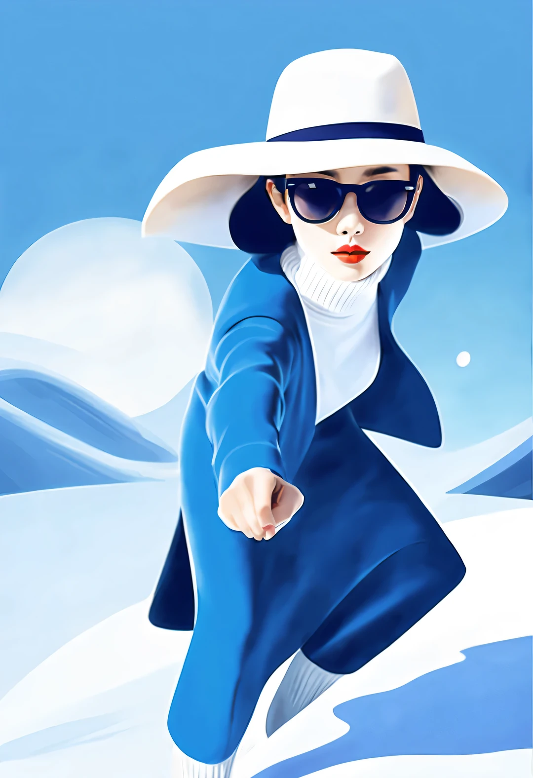 (Modern art dance simple poster design), (Half-length close-up), (Beautiful Chinese girl dancing in the air), (Wearing sunglasses and a hat: 1.2), Mainly cool colors，Presenting the beauty of simplicity and modernity, (An elegant dark blue coat paired with a bright white turtleneck，Exudes a fresh and cold winter atmosphere。), briefcase fluttering, Showing a classic and fashionable atmosphere. Wear modern and stylish winter fashion, Girl fair and flawless smooth skin, high nose bridge, Head up posture, sad yet beautiful, slender figure, Exquisite facial features,
swirling fog illustration, ink painting, black hair, a ball head, Proud, Surrealism, contemporary art photography, action painting illustration, abstract expressionism, Pixar, depth of field, motion blur, backlight, Fall out, decline, Elevation viewing angle, Sony FE General Manager, ultra high definition, masterpiece, Accuracy, textured skin, Super details, high detail, high quality, Award-winning, best quality, Level, 16k, Shot from a bottom-up perspective,