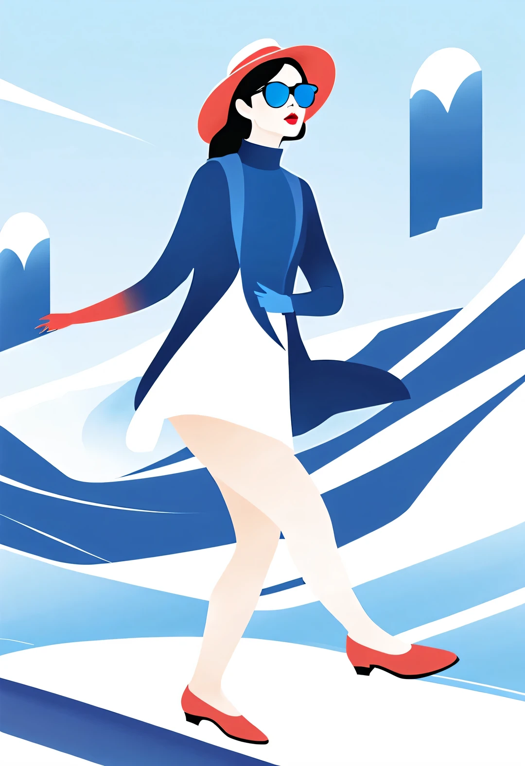 (Modern art dance simple poster design), (Half-length close-up), (Beautiful Chinese girl dancing in the air), (Wearing sunglasses and a hat: 1.2), Mainly cool colors，Presenting the beauty of simplicity and modernity, (An elegant dark blue coat paired with a bright white turtleneck，Exudes a fresh and cold winter atmosphere。), briefcase fluttering, Showing a classic and fashionable atmosphere. Wear modern and stylish winter fashion, Girl fair and flawless smooth skin, high nose bridge, Head up posture, sad yet beautiful, slender figure, Exquisite facial features,
swirling fog illustration, ink painting, black hair, a ball head, Proud, Surrealism, contemporary art photography, action painting illustration, abstract expressionism, Pixar, depth of field, motion blur, backlight, Fall out, decline, Elevation viewing angle, Sony FE General Manager, ultra high definition, masterpiece, Accuracy, textured skin, Super details, high detail, high quality, Award-winning, best quality, Level, 16k, Shot from a bottom-up perspective,