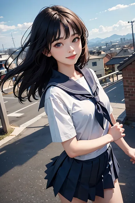 very cute and beautiful girl,teen,(highly detailed beautiful face and eyes:1.2),
(smile:1.2),black hair,(sailor school uniform,p...