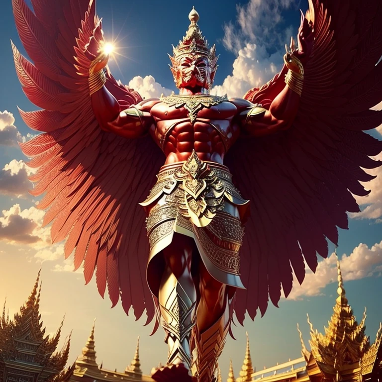 (Garuda 1) ojos rojos, cuerpo musculoso. mejor anatomía: Garuda de piel roja. Garuda pelirroja. grande, extendido, Garuda de alas rojas. perfecto wingspan Wear jewelry made from gold with Thai patterns. Gold jewelry decorated with diamantes on Garuda's head Wearing Thai Paño pants, seda tailandesa, patrón tailandés rojo. manos on hands and piernas look like perfecto birds. manos, piernas, Los pies son perfectoso. pararse en el suelo, mirar de frente, pararse completamente. La piel es la más detallada.. La piel esta roja. El pelaje es el rojo más detallado.. ojos rojos, best detail The best anatomical detalles, detalles, Paño, Accesorios, Armadura de guerrero tailandés. Mejores detalles de metal Mejores armas Mejores detalles de armas (Special detalles Masterpiece quality Realistic Photos(Fotos realistas definitivas 8k,16k,32k) Maximum realism and best lighting detalles. La mejor calidad de luz, El mejor estudio de fotografía de sombras de clase mundial. (La mejor vista de cerca)(El telón de fondo del castillo del templo tailandés se extingue con oro., plata, esmeraldas, diamantes, perfecto. El fondo es el cielo., nubes, y niebla. Se siente natural y realista..)