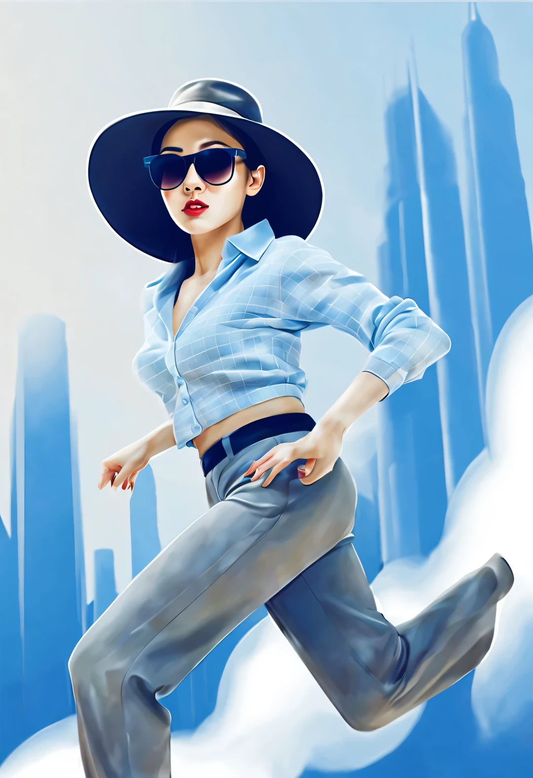(Modern art dance simple poster design), (Half-length close-up), (Beautiful Chinese girl dancing in the air), (Wearing sunglasses and a hat: 1.2), Characterized by exquisite details and layering, The pastel tones of a light blue coat and off-white floral sweater blend together, And the sharp contrast of black and white plaid pants, Create an elegant and modern urban style. (Briefcase flight: 0.85), Wear modern and stylish winter fashion, Girl fair and flawless smooth skin, high nose bridge, Head up posture, sad yet beautiful, slender figure, Exquisite facial features,
swirling fog illustration, ink painting, black hair, Princess curly long hair, Proud, Surrealism, contemporary art photography, action painting illustration, abstract expressionism, Pixar, depth of field, motion blur, backlight, Fall out, decline, Elevation viewing angle, Sony FE General Manager, ultra high definition, masterpiece, Accuracy, textured skin, Super details, high detail, high quality, Award-winning, best quality, Level, 16k, Shot from a bottom-up perspective,