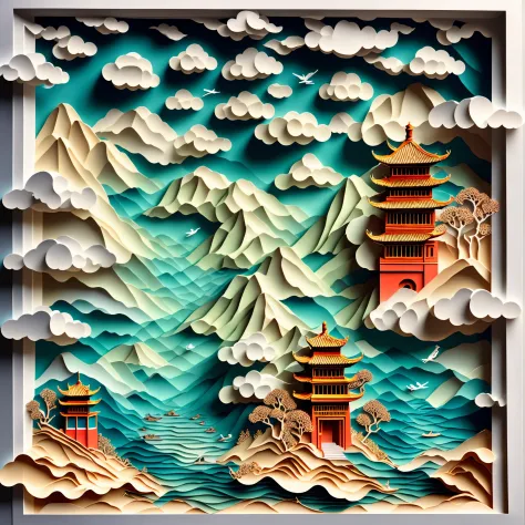 paper cutting，Chinese architecture，garden，landscape，sea of clouds
