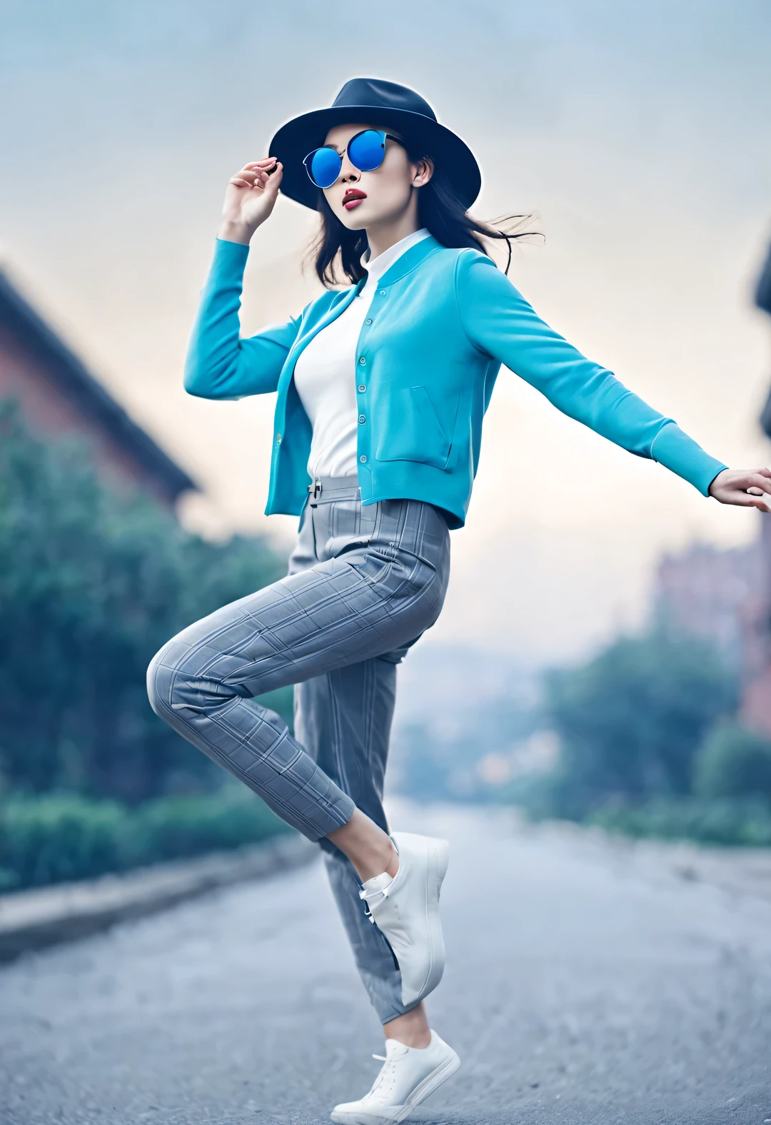 (Modern art dance simple poster design), (Half-length close-up), (Beautiful Chinese girl dancing in the air), (Wearing sunglasses and a hat: 1.2), Characterized by exquisite details and layering, The pastel tones of a light blue coat and off-white floral sweater blend together, And the sharp contrast of black and white plaid pants, Create an elegant and modern urban style. (Briefcase flight: 0.85), Wear modern and stylish winter fashion, slim waist, high nose bridge, Head up posture, sad yet beautiful, slender figure, Exquisite facial features, correct finger,
swirling fog illustration, ink painting, black hair, Princess curly long hair, Proud, Surrealism, contemporary art photography, action painting illustration, abstract expressionism, Pixar, depth of field, motion blur, backlight, Fall out, decline, Elevation viewing angle, Sony FE General Manager, ultra high definition, masterpiece, Accuracy, textured skin, Super details, high detail, high quality, Award-winning, best quality, Level, 16k, Shot from a bottom-up perspective,