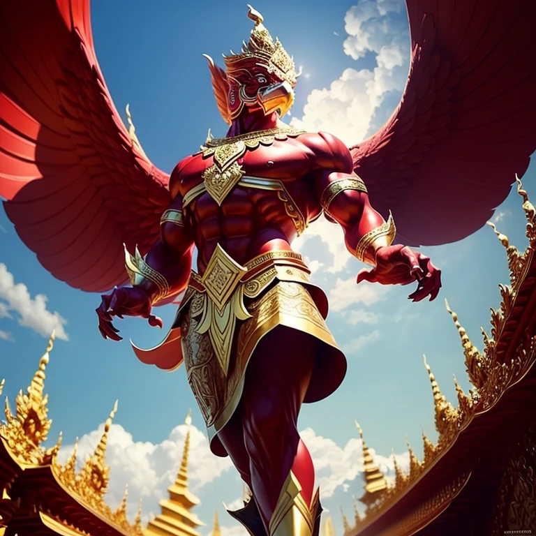 (Garuda 1) Red eyes, muscular body. Best anatomy: Red-skinned Garuda. Red-haired Garuda. Large, outstretched, red-winged Garuda. perfect wingspan Wear jewelry made from gold with Thai patterns. Gold jewelry decorated with diamonds on Garuda's head Wearing Thai cloth pants, Thai silk, red Thai pattern. Hands on hands and legs look like perfect birds. Hands, legs, feet are perfect. Stand on the ground, look straight, stand fully. The skin is the most detailed. The skin is red. The fur is the most detailed red. Red eyes, best detail The best anatomical details, details, cloth, accessories, Thai warrior armor. Best Metal Details Best Weapons Best Weapon Details (Special details Masterpiece quality Realistic Photos(Ultimate Realistic Photos 8k,16k,32k) Maximum realism and best lighting details. Best light quality, best shadows World class photography studio (Best close-up view)(The backdrop of the Thai temple castle is extinguished with gold, silver, emeralds, diamonds, perfect. The background is the sky, clouds, and fog. It feels natural and realistic.)