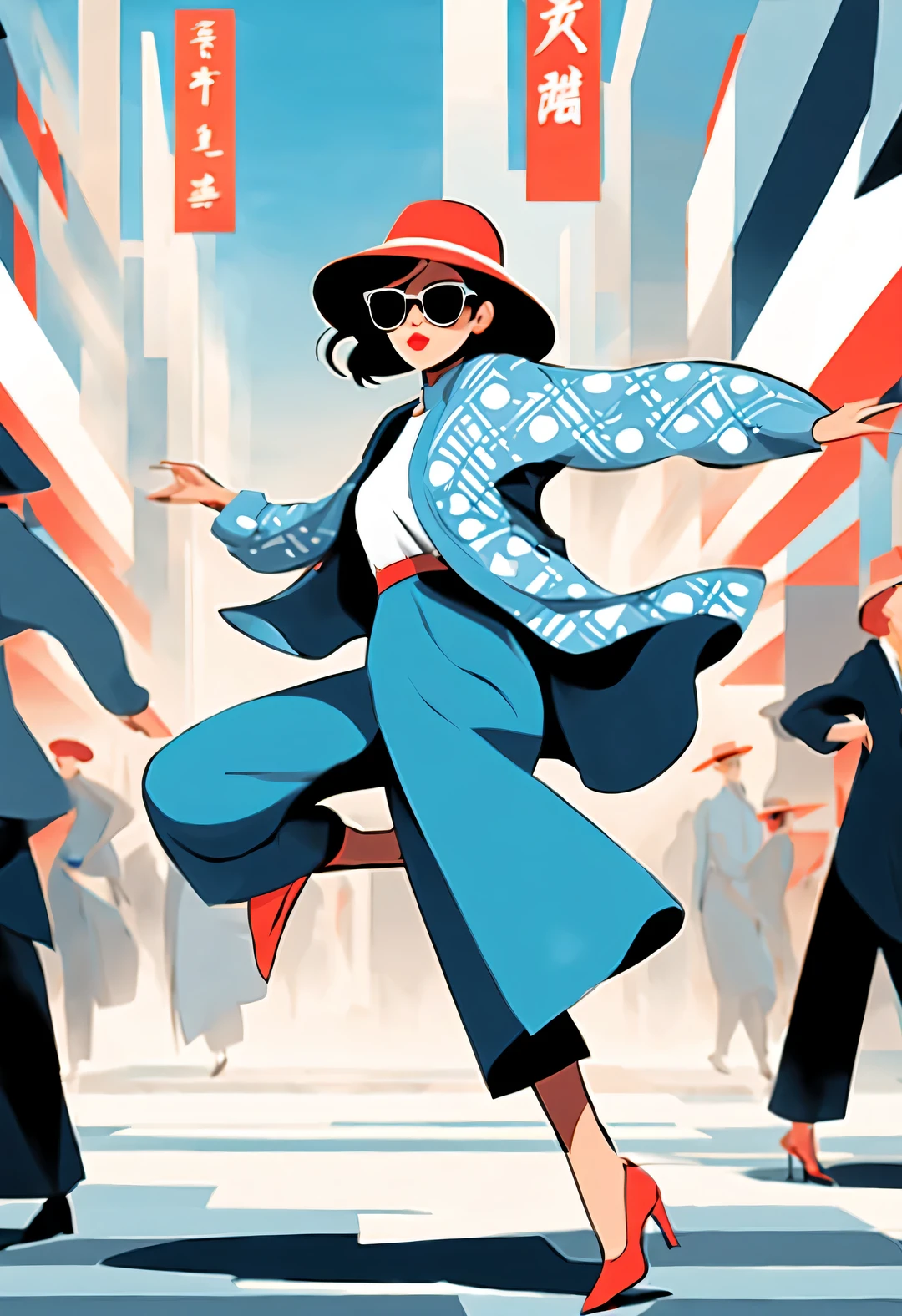 (Modern art dance simple poster design), (Half-length close-up), (Beautiful Chinese girl dancing in the air), (Wearing sunglasses and a hat: 1.2), Characterized by exquisite details and layering, The pastel tones of a light blue coat and off-white floral sweater blend together, And the sharp contrast of black and white plaid pants, Create an elegant and modern urban style. (Briefcase flight: 0.85), Wear modern and stylish winter fashion, slim waist, high nose bridge, Head up posture, sad yet beautiful, slender figure, Exquisite facial features, correct finger,
swirling fog illustration, ink painting, black hair, Princess curly long hair, Proud, Surrealism, contemporary art photography, action painting illustration, abstract expressionism, Pixar, depth of field, motion blur, backlight, Fall out, decline, Elevation viewing angle, Sony FE General Manager, ultra high definition, masterpiece, Accuracy, textured skin, Super details, high detail, high quality, Award-winning, best quality, Level, 16k, Shot from a bottom-up perspective,