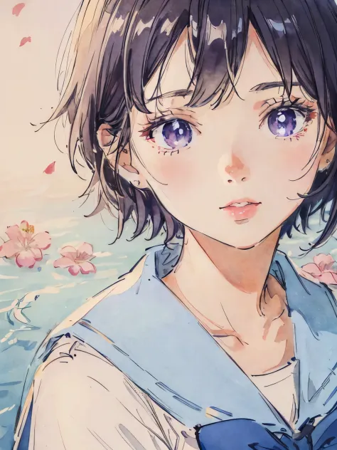 sailor suit、close up of face、soft lighting、Colored pencil style、lips、short hair、Background flowers