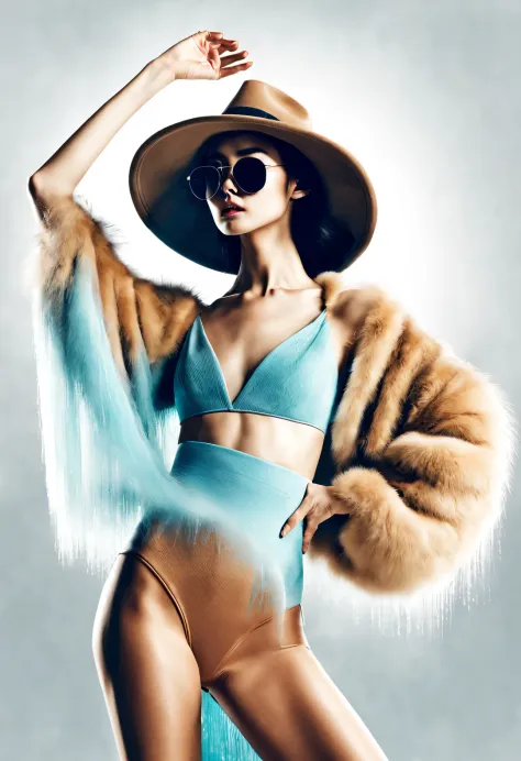 (Modern art dance simple poster design), (Half-length close-up), (Beautiful Chinese girl dancing in the air), (Wearing sunglasses and a hat: 1.2), (Clever use of warm camel and soft ice blue), With rich wool texture and fur elements, Create a warm, timely ...