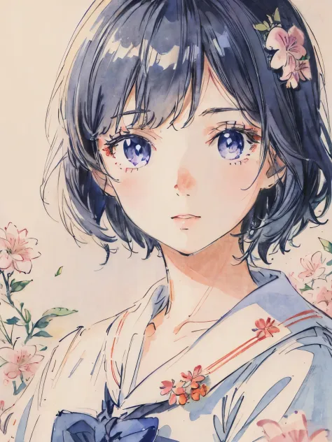 sailor suit、close up of face、soft lighting、colored pencils style、short hair、background flowers