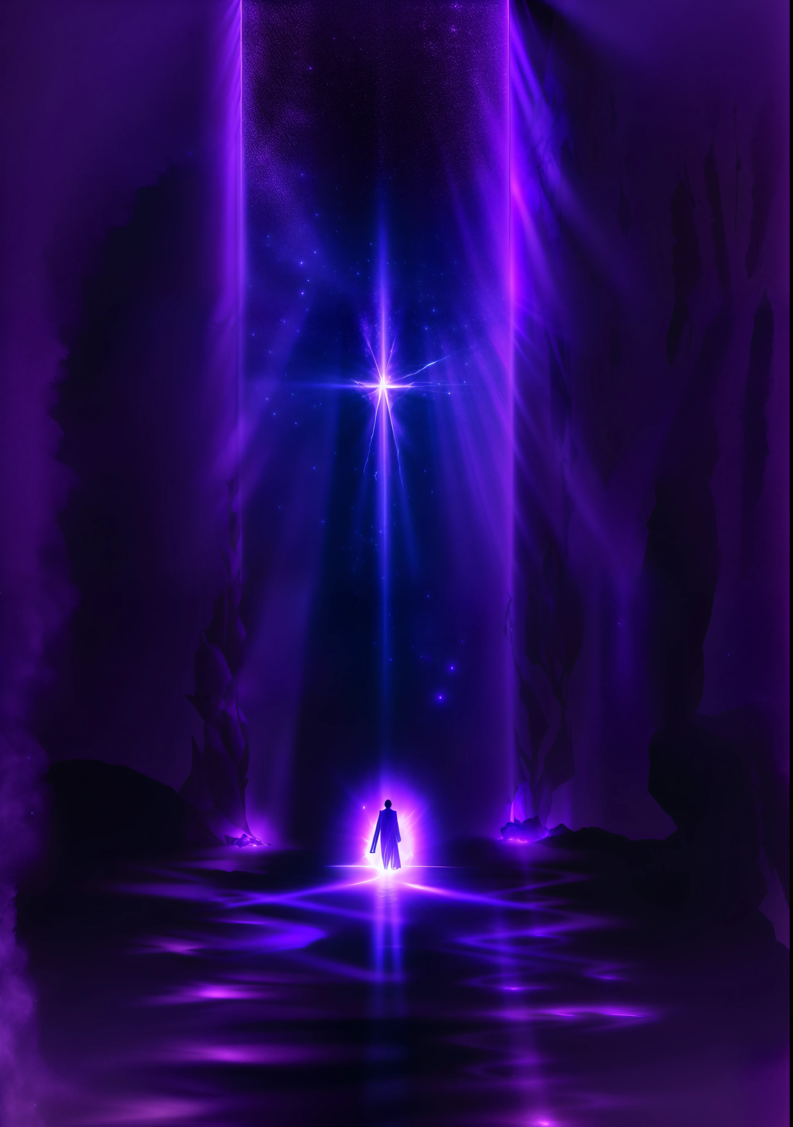 purple light shining through a dark room with a person walking in the middle, purple aura, portal to the ethereal realm, purple light, opening a shining portal, god light shafts, concept art magical highlight, portal into anotheer dimension, dramatic lighting. concept art, hard light digital painting, purple volumetric lighting, entrance to ethereal realm, shaft of light