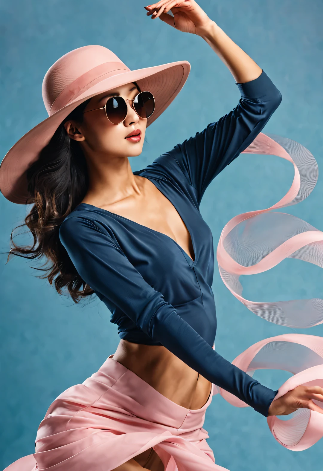 (Modern art dance simple poster design), (Half-length close-up), (Beautiful Chinese girl dancing in the air), (Wearing sunglasses and a hat: 1.2), (Soft pink contrasts with deep navy blue), Showing the warmth and depth of winter, Both fashionable and with a touch of gentle feminine charm. Wear modern and stylish winter fashion, slim waist, high nose bridge, Head up posture, sad yet beautiful, slim figure, Exquisite facial features, correct finger,
background: briefcase dance, fog illustration, ink painting, black hair, Princess curly long hair, Proud, Surrealism, contemporary art photography, action painting illustration, abstract expressionism, Pixar, depth of field, motion blur, backlight, Falling shadows, Vignetting, Elevation viewing angle, Sony FE General Manager, ultra high definition, masterpiece, Accuracy, textured skin, Super details, high detail, high quality, Award-winning, best quality, Level, 16k, Photographed from a bottom-up perspective,