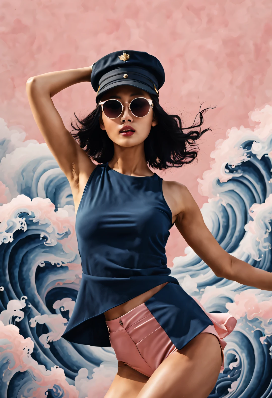 (Modern art dance simple poster design), (Half-length close-up), (Beautiful Chinese girl dancing in the air), (Wearing sunglasses and a hat: 1.2), (Soft pink contrasts with deep navy blue), Showing the warmth and depth of winter, Both fashionable and with a touch of gentle feminine charm. Wear modern and stylish winter fashion, slim waist, high nose bridge, Head up posture, sad yet beautiful, slim figure, Exquisite facial features, correct finger,
background: briefcase dance, fog illustration, ink painting, black hair, Princess curly long hair, Proud, Surrealism, contemporary art photography, action painting illustration, abstract expressionism, Pixar, depth of field, motion blur, backlight, Falling shadows, Vignetting, Elevation viewing angle, Sony FE General Manager, ultra high definition, masterpiece, Accuracy, textured skin, Super details, high detail, high quality, Award-winning, best quality, Level, 16k, Photographed from a bottom-up perspective,