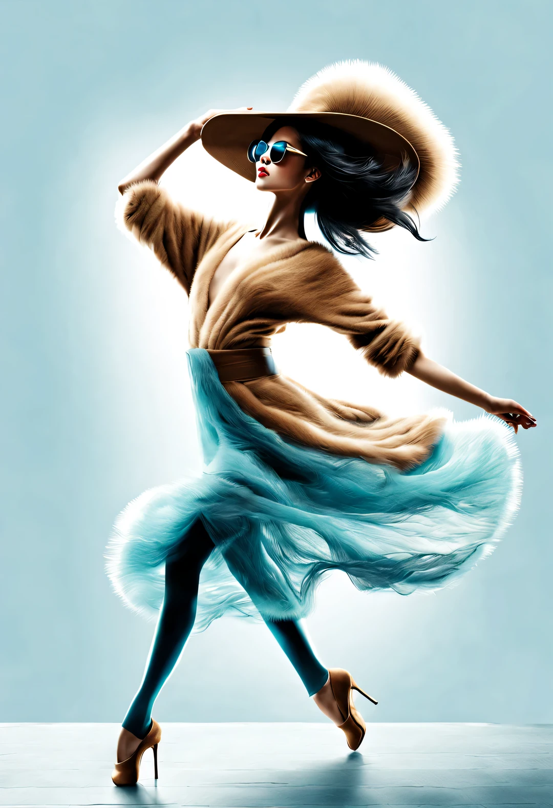 (Modern art dance simple poster design), (Half-length close-up), (Beautiful Chinese girl kissing big luxury leather bag,), (（Wearing sunglasses and braided hairstyle：1.2）), Characterized by exquisite details and layering, The pastel tones of a light blue jacket and an off-white floral sweater blend together, Black and white plaid pants also have a sharp contrast,， Wear modern and stylish winter fashion, slim waist, high nose bridge, look up姿势, sad but beautiful, slender figure, Exquisite facial features, swirling fog illustration, ink painting, black hair,Proudly, Surrealism, contemporary art photography, action illustration, abstract expressionism, Pixar, depth of field, motion blur, backlight, Fall out, decline, look up, Sony FE General Manager, ultra high definition, masterpiece, Accuracy, textured skin, Super details, high detail, high quality, Award-winning, best quality, grade, 16k, Photographed from a bottom-up angle,