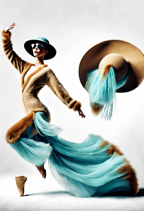 (Modern art dance simple poster design), (Half-length close-up), (Beautiful Chinese girl dancing in the air), (Wearing sunglasses and a hat: 1.2), (Clever use of warm camel and soft ice blue), With rich wool texture and fur elements, Create a warm, timely ...
