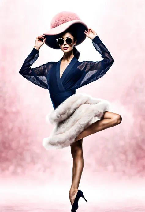 (Modern art dance simple poster design), (Half-length close-up), (Beautiful Chinese girl dancing in the air), (Wearing sunglasses and woolen hat: 1.2), (Soft pink contrasts with deep navy), Show the warmth and depth of winter, Both fashionable and with a t...