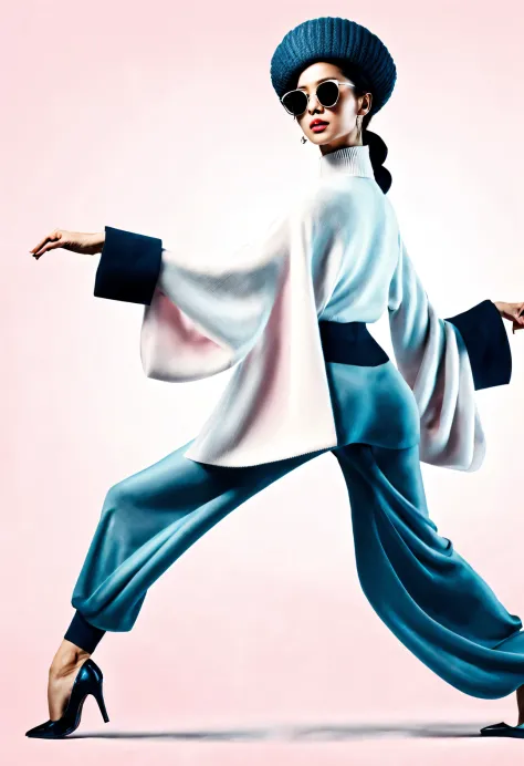 (Modern art dance simple poster design), (Half-length close-up), (Beautiful Chinese girl dancing in the air), (Wearing sunglasses and woolen hat: 1.2), (Soft pink contrasts with deep navy), Show the warmth and depth of winter, Both fashionable and with a t...