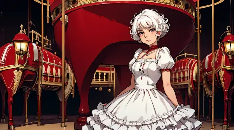 woman, white hair, short hair, curly, dress, scratches on face, standing in front of a crimson carousel, horrific style