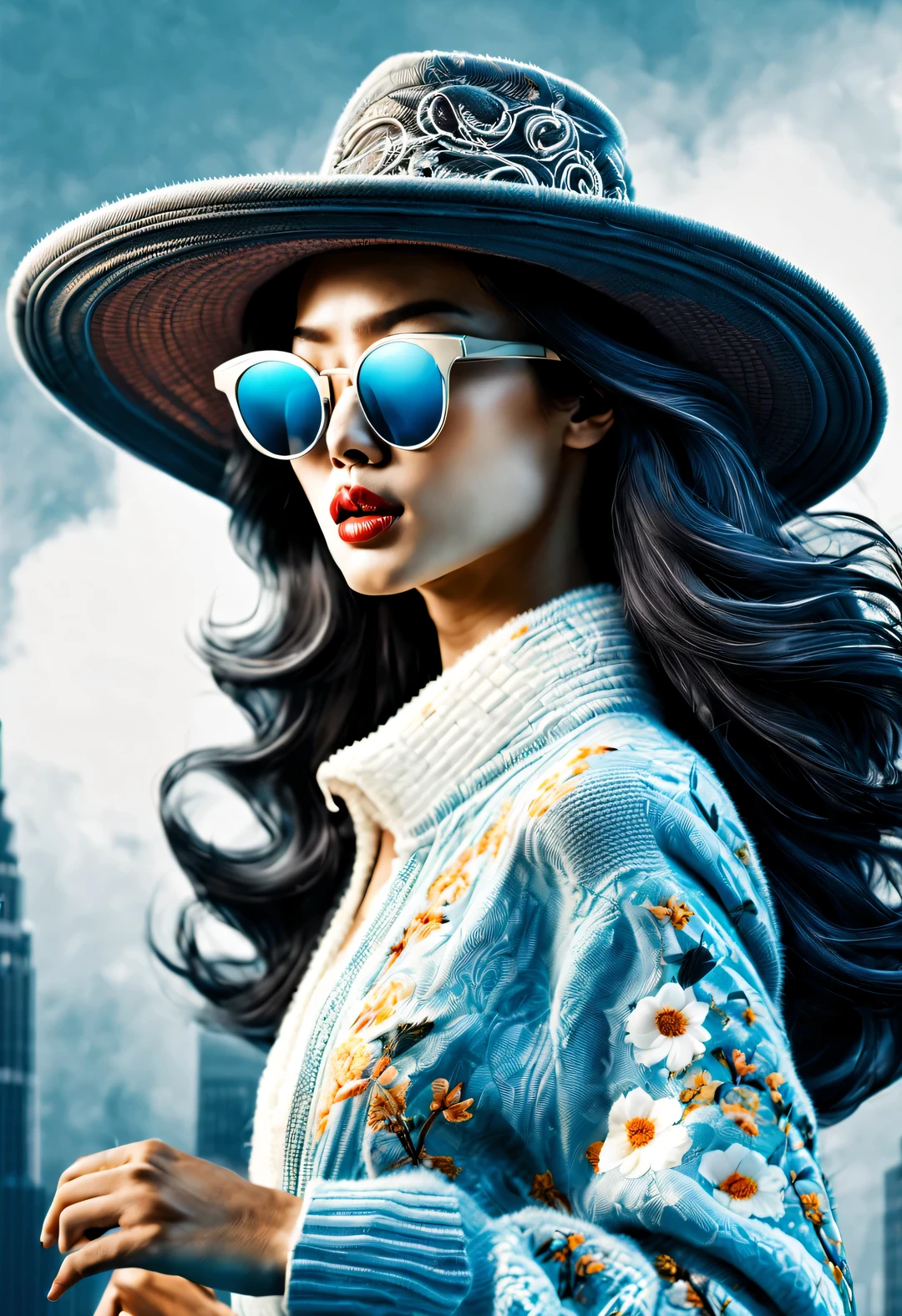 (Modern art dance simple poster design), (Half-length close-up), (Beautiful Chinese girl dancing in the air), (Wearing sunglasses and a hat: 1.2), Characterized by exquisite details and layering, The pastel tones of a light blue jacket and an off-white floral sweater blend together, Black and white plaid pants also have a sharp contrast, Create an elegant and modern urban style. (Briefcase flight: 0.85), Wear modern and stylish winter fashion, slim waist, high nose bridge, Head up posture, sad but beautiful, slender figure, Exquisite facial features, correct finger, swirling fog illustration, ink painting, black hair, Princess curly long hair, Proudly, Surrealism, contemporary art photography, action illustration, abstract expressionism, Pixar, depth of field, motion blur, backlight, Fall out, decline, Look up, Sony FE General Manager, ultra high definition, masterpiece, Accuracy, textured skin, Super details, high detail, high quality, Award-winning, best quality, grade, 16k, Photographed from a bottom-up angle,