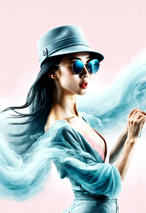 (Modern art dance simple poster design), (Half-length close-up), (Beautiful Chinese girl dancing in the air), (Wearing sunglasses and a hat: 1.2), (Soft pink contrasts with deep navy blue), Showing the warmth and depth of winter, Both fashionable and with ...