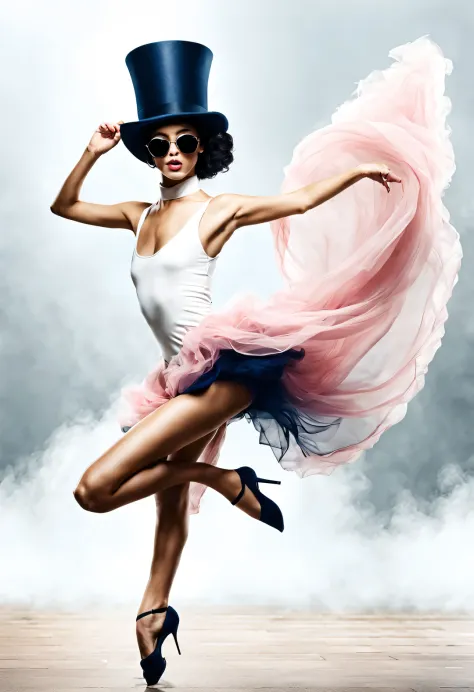 (Modern art dance simple poster design), (Half-length close-up), (Beautiful Chinese girl dancing in the air), (Wearing sunglasses and top hat: 1.2), twice as good, (Soft pink contrasts with deep navy), Show the warmth and depth of winter, Both fashionable ...