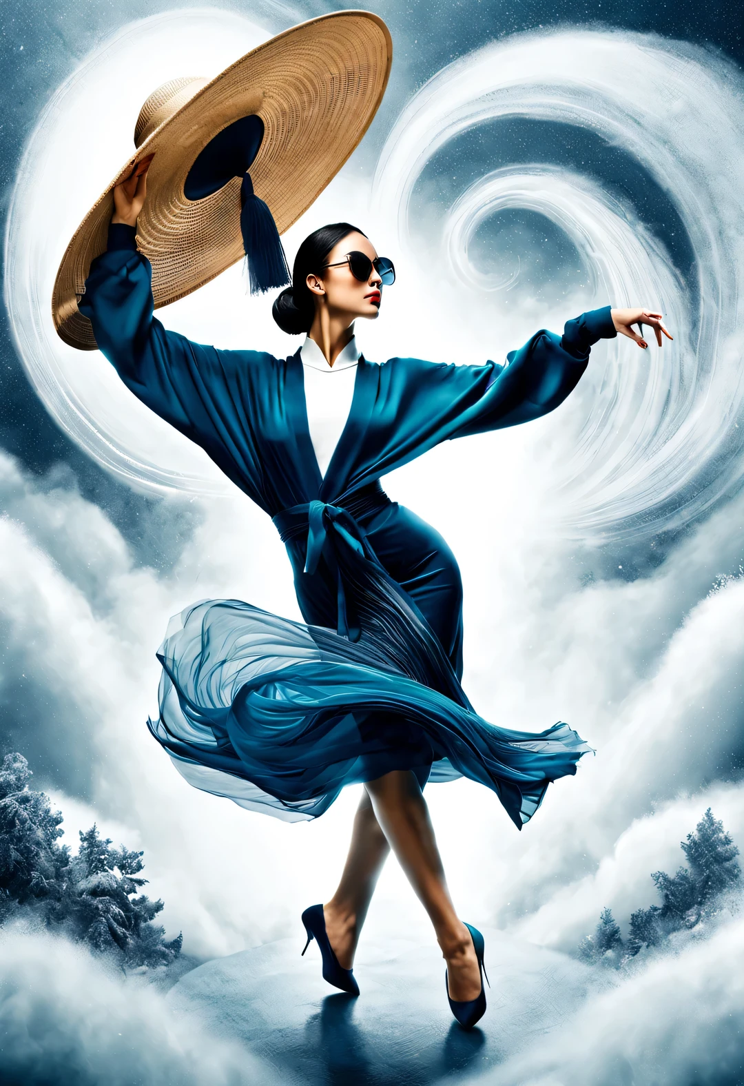 (Modern art dance simple poster design), (Half-length close-up), (Beautiful Chinese girl dancing in the air), (Wearing sunglasses and a hat: 1.2), Mainly cool colors，Presenting the beauty of simplicity and modernity, (Elegant dark blue coat paired with a bright white turtleneck，Exudes a fresh and cold winter atmosphere.) GUI, (briefcase dance: 0.85), Present fashionable style, Wear modern and stylish winter fashion, Girl&#39;s skin is fair, flawless and smooth, high nose bridge, Head up posture, sad but beautiful, slender figure, Exquisite facial features, swirling fog illustration, ink painting, black hair, A ball head, proudly, Surrealism, contemporary art photography, action illustration, abstract expressionism, Pixar, depth of field, motion blur, backlight, Fall out, decline, Looking up, Sony FE General Manager, ultra high definition, masterpiece, Accuracy, textured skin, Super details, high detail, high quality, Award-winning, best quality, grade, 16k, Photographed from a bottom-up perspective,