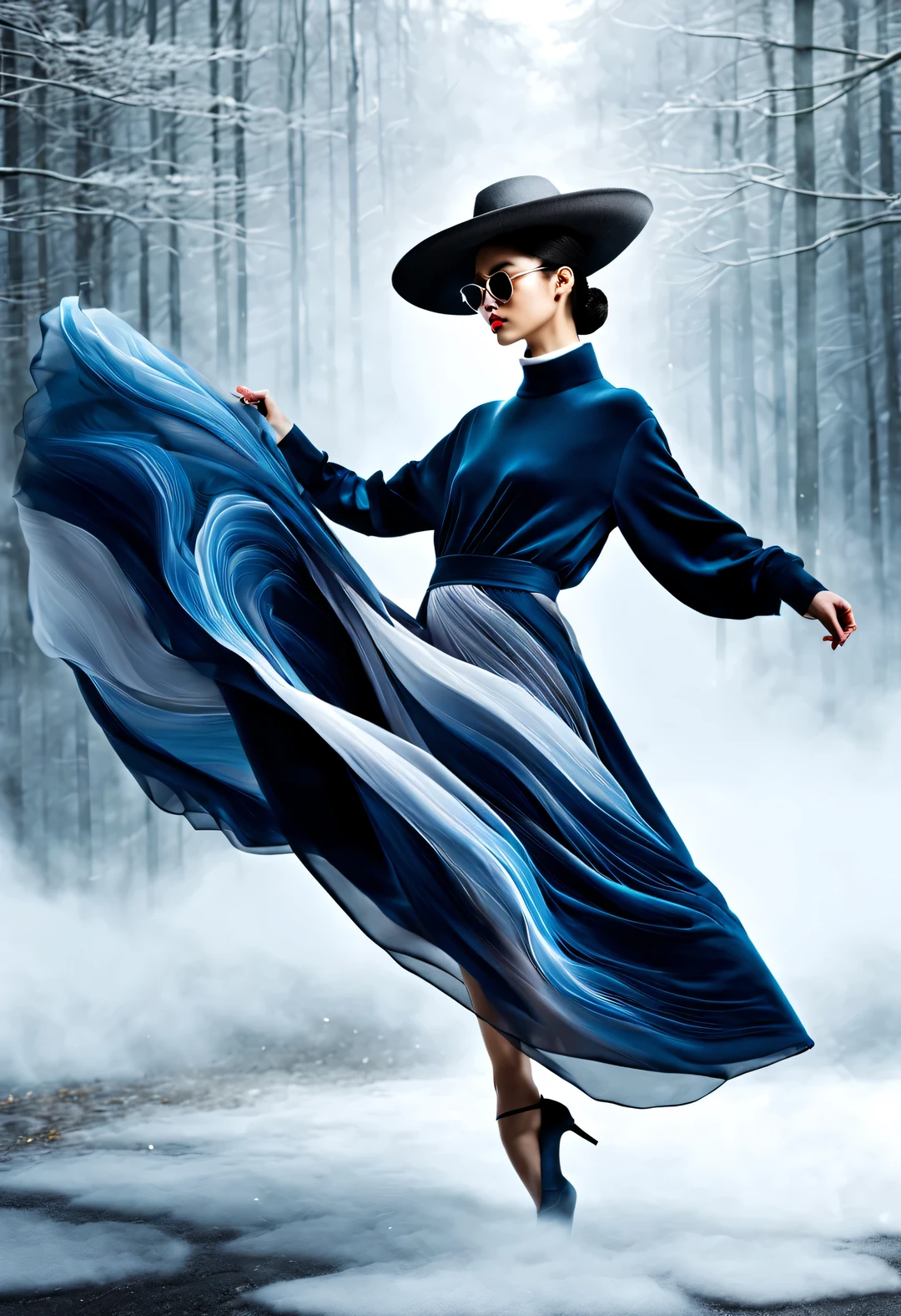 (Modern art dance simple poster design), (Half-length close-up), (Beautiful Chinese girl dancing in the air), (Wearing sunglasses and a hat: 1.2), Mainly cool colors，Presenting the beauty of simplicity and modernity, (Elegant dark blue coat paired with a bright white turtleneck，Exudes a fresh and cold winter atmosphere.) GUI, (briefcase dance: 0.85), Present fashionable style, Wear modern and stylish winter fashion, Girl&#39;s skin is fair, flawless and smooth, high nose bridge, Head up posture, sad but beautiful, slender figure, Exquisite facial features, swirling fog illustration, ink painting, black hair, A ball head, proudly, Surrealism, contemporary art photography, action illustration, abstract expressionism, Pixar, depth of field, motion blur, backlight, Fall out, decline, Looking up, Sony FE General Manager, ultra high definition, masterpiece, Accuracy, textured skin, Super details, high detail, high quality, Award-winning, best quality, grade, 16k, Photographed from a bottom-up perspective,