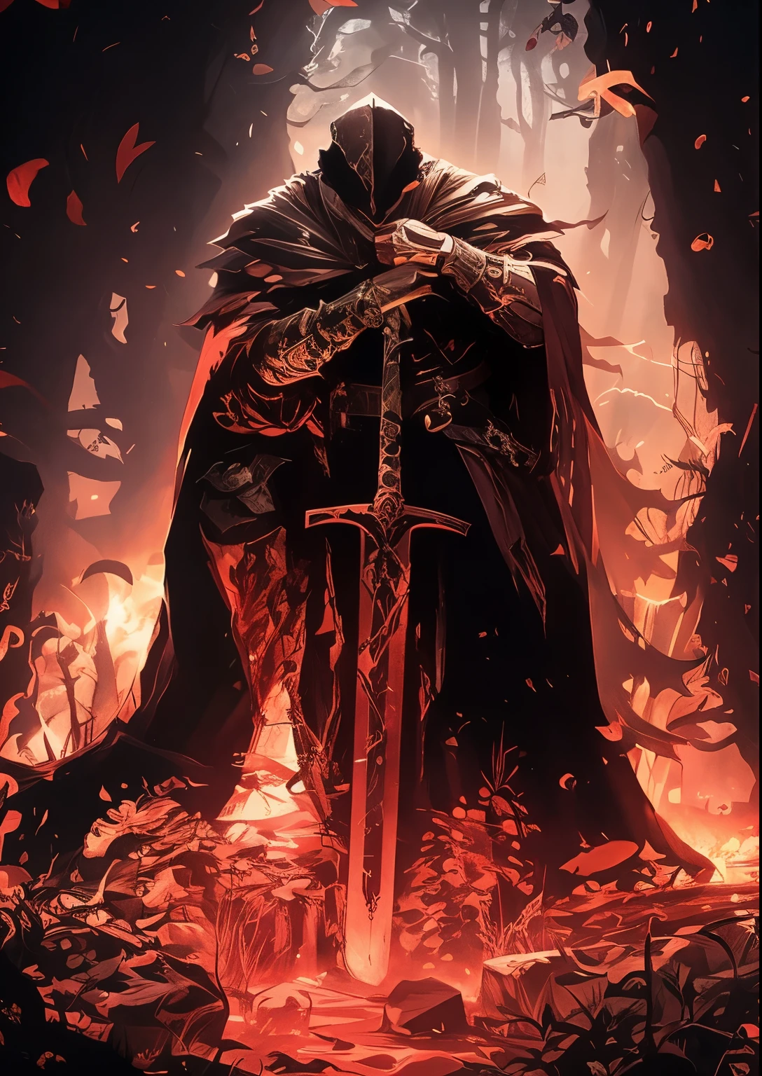 a man in a cloak holding a sword in a dark black and red forest, hold sword in the forest, Glowing Sword (red),dark fantasy style art, dark fantasy artwork, 8k fantasy art, dark fantasy style, 4k fantasy art, epic fantasy art style hd, dark fantasy art, dark fantasy concept art, Epic fantasy in the style of digital art, in style of dark fantasy art, Glowing Sword in hand