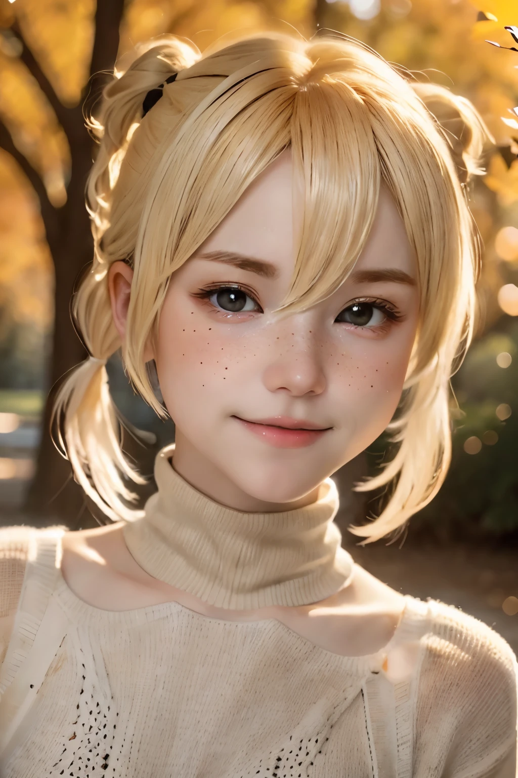 close, portrait, head shot, model shooting style, looking at the viewer, direct eye contact, White-sama, 1 girl, smile, (bleached blonde hair), shortcut、Twintails with short hair、knit beige turtleneck,small breasts,freckles, autumn park, Depth of bounds written, blurred background, skin details, fine eyes, Warm volumetric lighting, masterpiece, highest quality ,ultra high resolution、８ｋ    