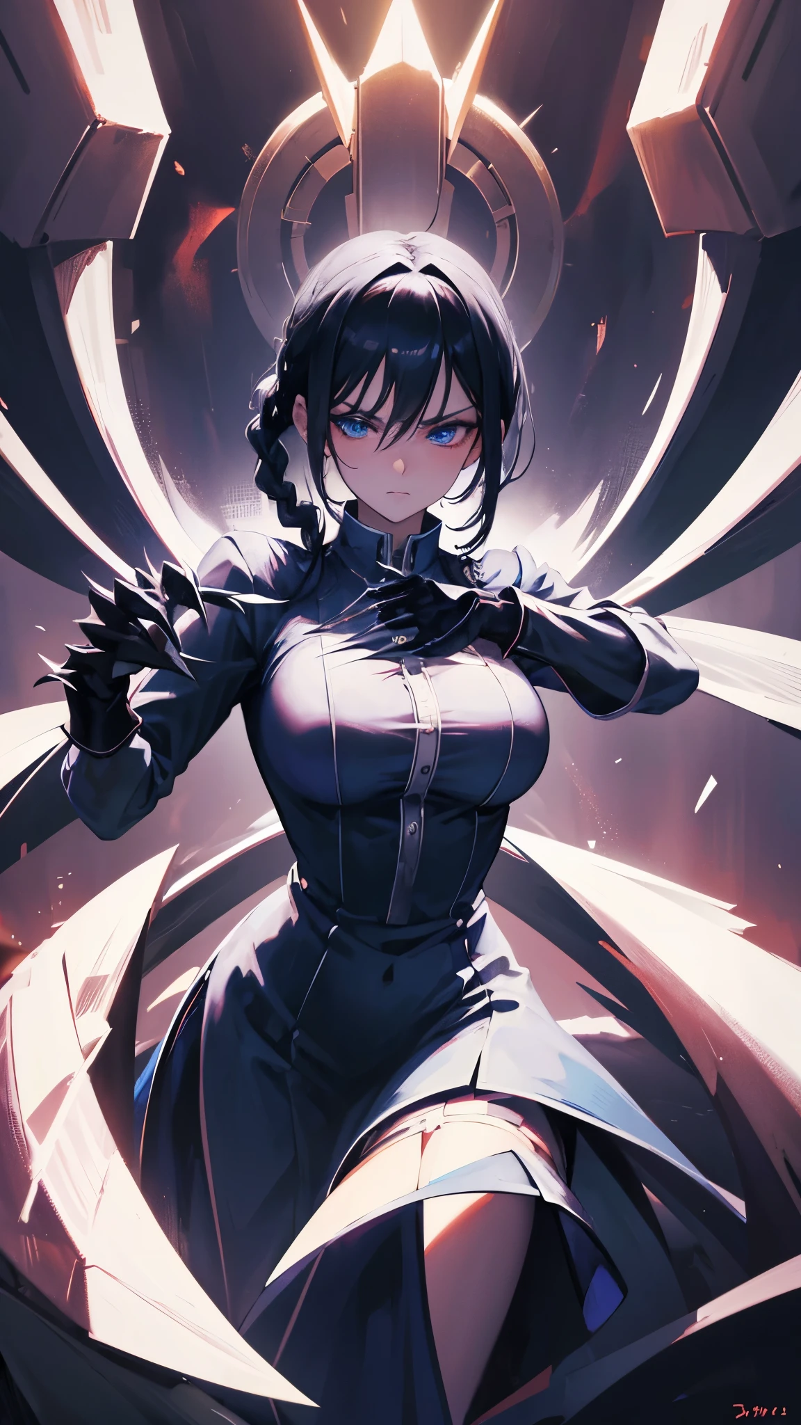 (Anime scene, arrogant girl, braided black hair, blue eyes,elegant dress with closed high collar), ((iron gloves with huge claws)), intense gaze, dramatic lighting, ornate background, confident stance, fierce expression, presence strong,highly detailed CG, unit, 8K wallpapers, highest quality, high resolution, beautiful lighting, realistic shadow,detailed face Highly,detailed eyes Highly,detailed hair Highly
