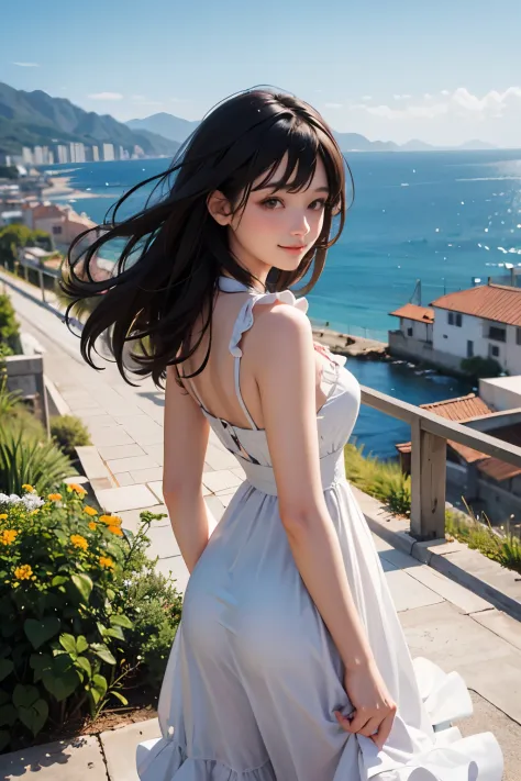 very cute and beautiful girl,teen,white sun dress with detailed frills,(highly detailed beautiful face and eyes:1.2),
walking sl...