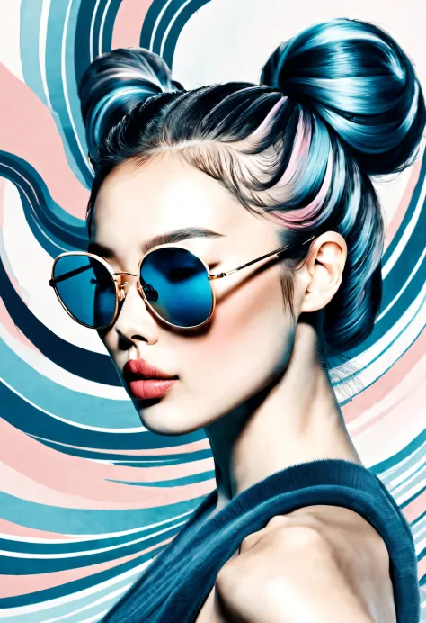 (Modern art dance simple poster design), (Half-length close-up), (Beautiful Chinese girl dancing in the air), (Wearing sunglasses and double bun hairstyle: 1.2), (Soft pink contrasts with deep navy blue), Showing the warmth and depth of winter, Both fashio...