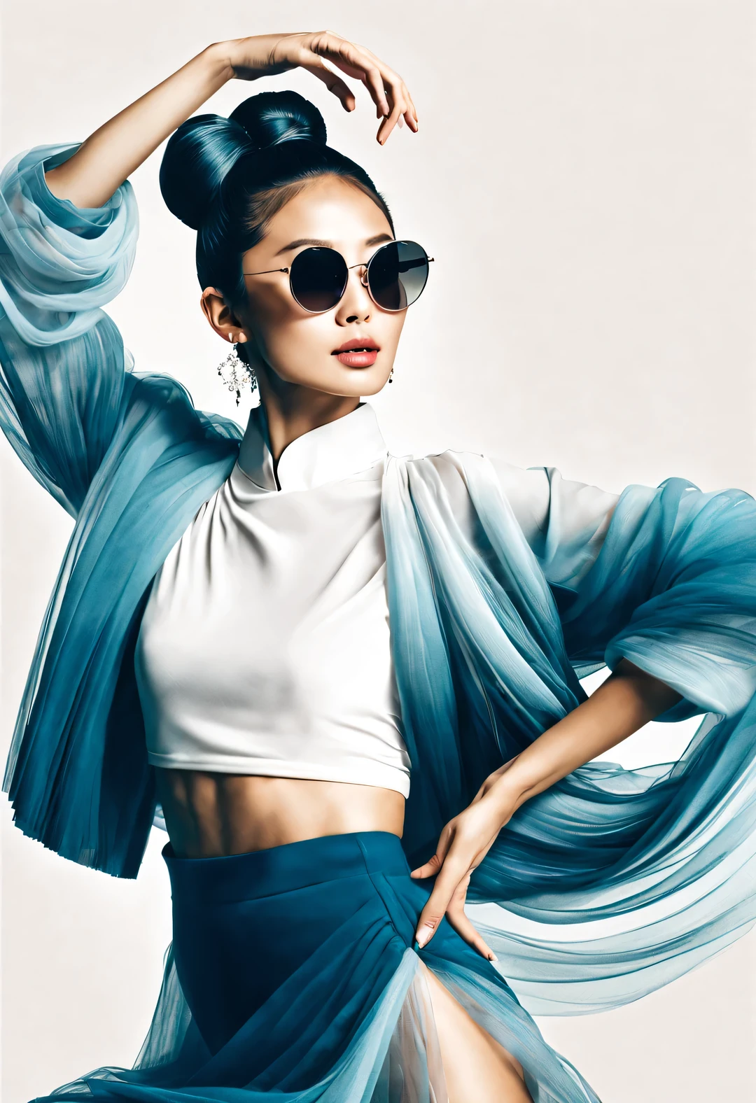 (Modern art dance simple poster design), (Half-length close-up), (Beautiful Chinese girl dancing in the air), (Wearing sunglasses and double bun hairstyle: 1.2), (Soft pink contrasts with deep navy blue), Showing the warmth and depth of winter, Both fashionable and with a touch of gentle feminine charm. Wear modern and stylish winter fashion, slim waist, high nose bridge, Head up posture, sad yet beautiful, slim figure, Exquisite facial features, correct finger,
background: briefcase dance, fog illustration, ink painting, black hair, Proud, Surrealism, contemporary art photography, action painting illustration, abstract expressionism, Pixar, depth of field, motion blur, backlight, shadow, Vignetting, Elevation viewing angle, Sony FE General Manager, ultra high definition, masterpiece, Accuracy, textured skin, Super details, high detail, high quality, Award-winning, best quality, Level, 16k, Photographed from a bottom-up perspective,