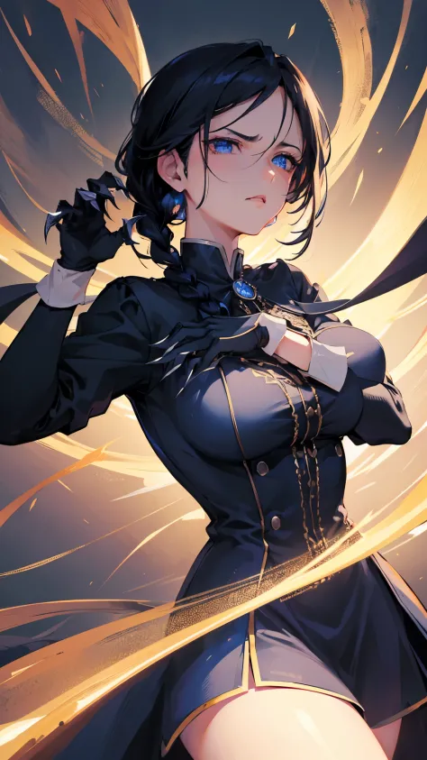 (Anime scene, arrogant girl, braided black hair, blue eyes,elegant dress with closed high collar), ((iron gloves with huge claws...