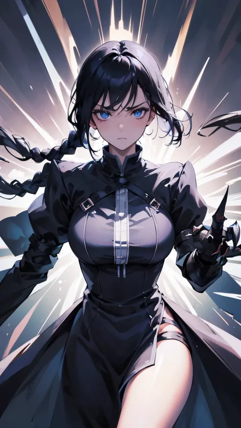 (anime scene, arrogant girl, braided black hair, blue eyes,elegant dress with closed high collar), ((iron gloves with huge claws...