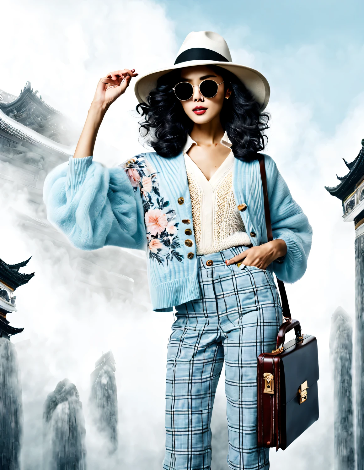 (Modern art dance simple poster design), (Half-length close-up), (Beautiful Chinese girl waving briefcase in the air,), (Wearing sunglasses and a hat: 1.2), Characterized by exquisite details and layering, The pastel tones of a light blue jacket and an off-white floral sweater blend together, Black and white plaid pants also have a sharp contrast, Create an elegant and modern urban style， Wear modern and stylish winter fashion, slim waist, high nose bridge, look up posture, sad but beautiful, slender figure, Exquisite facial features, swirling fog illustration, ink painting, black hair, Princess curly long hair, Proudly, Surrealism, contemporary art photography, action illustration, abstract expressionism, pixar, depth of field, motion blur, backlight, Fall out, decline, look up, Sony FE General Manager, ultra high definition, masterpiece, Accuracy, textured skin, Super details, high detail, high quality, Award-winning, best quality, Grade, 16K, Photographed from a bottom-up angle,