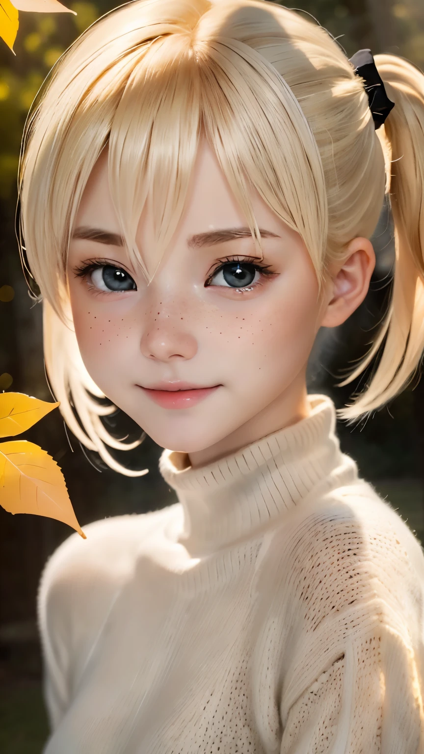 close, portrait, head shot, model shooting style, looking at the viewer, direct eye contact, White-sama, 1 girl, smile, (bleached blonde hair), shortcut、Twintails with short hair、Knitted Black Turtleneck,small breasts,freckles, autumn park, Depth of bounds written, blurred background, skin details, fine eyes, Warm volumetric lighting, masterpiece, highest quality ,ultra high resolution、８ｋ    