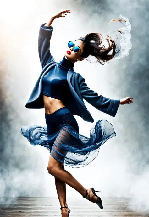(Modern art dance simple poster design), (Half-length close-up), (美丽的中国girl在空中跳舞), (Wearing sunglasses and a hat: 1.2), Mainly cool colors，Presenting the beauty of simplicity and modernity, (Dark blue coat with bright white turtleneck sweater，Elegant and c...